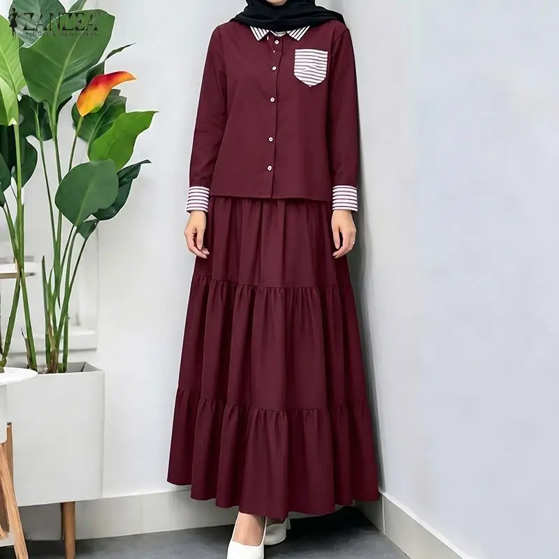 Muslim Women's 2-Piece Sets Striped Patchwork Shirts & Tiered Maxi Skirts Matching Sets ZANZEA Fashion Islamic Hijabi Outfits