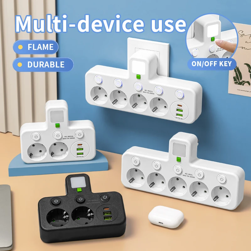 EU Plug Outlet 4 Sockets Multitap Wall Power Strip Electrical Socket No Extension Cord with 2 USB 1 Type-C Ports 2500W MAX Power