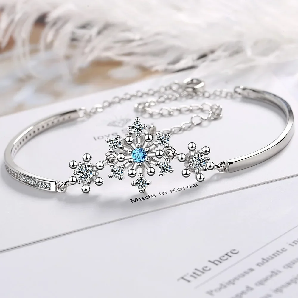 New Snowflake Bracelet Fashion Female Models Cute Wild Super Flash Soild 925 Sterling Silver Jewelry Blue Crystal Wedding Gift