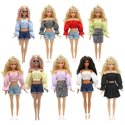 For 29cm Barbie Doll Clothes Fashion Puff Sleeve Toy for Girl 1/6 Bjd Doll Accessories Clothing Dress Pleated Skirt Denim Shorts