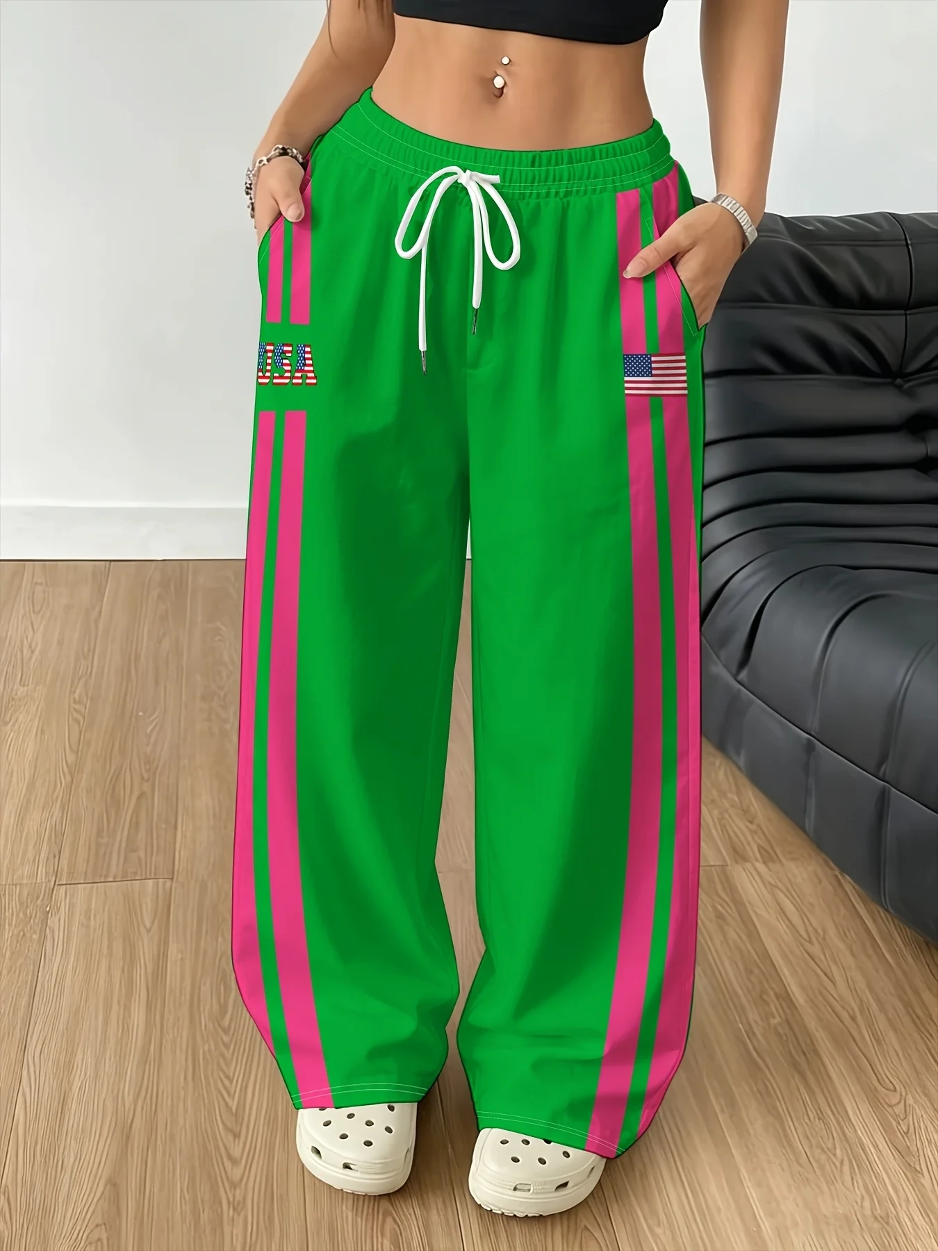 Rainbow Vertical Stripe 3D Print Quick Dry Straight Pants Unisex, Bright Multicolor Striped Elastic Waist Street Long Trousers