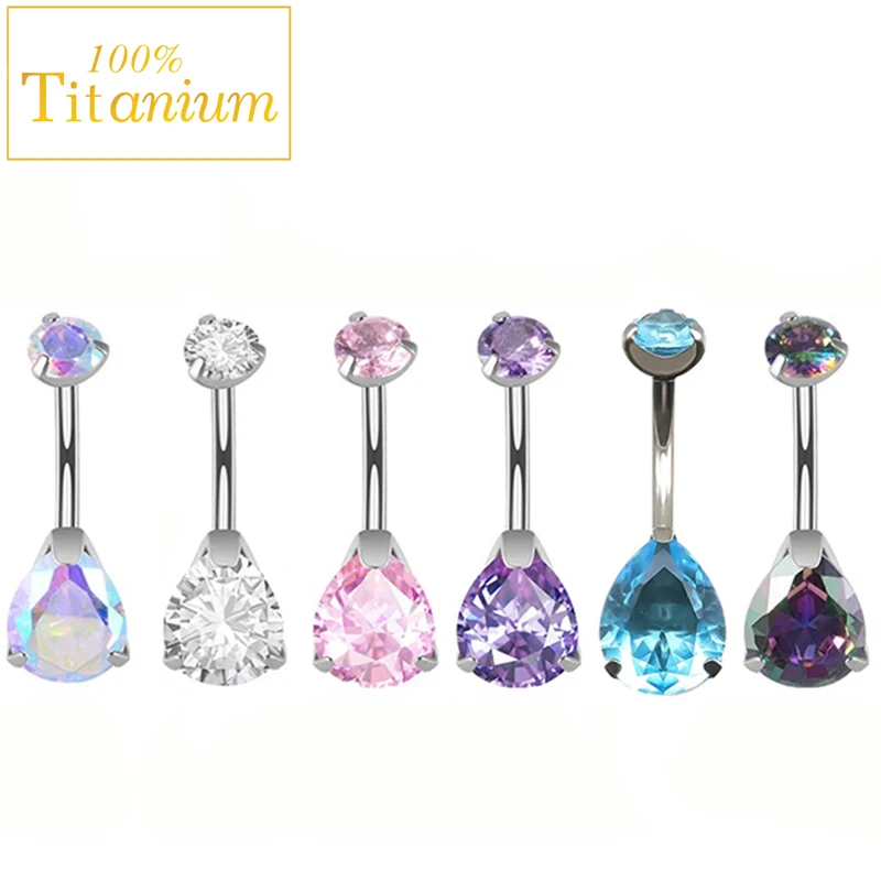 G23 Titanium Zircon Belly Button Rings WaterDrop CZ Navel Lip Piercing Curved Banana Studs Internal Thread Sexy Body Jewelry 14G