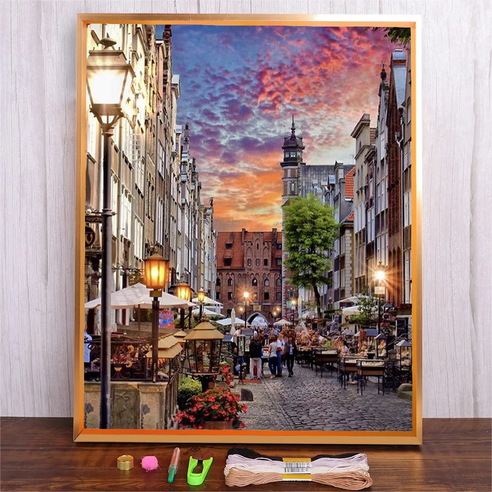 DIY Poland City Cross Stitch Complete Kits Landscape ​Pattern Printed Full Thread Embroidery Set Needlework Home Decoration