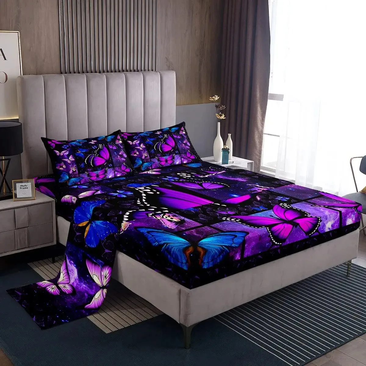 

Purple Butterfly Bed Sheet Mystic Galaxy Bed Sheet Set Bedding Sets for Girl Women,Psychedelic Starry Sky Fitted Flat Sheet 4Pcs