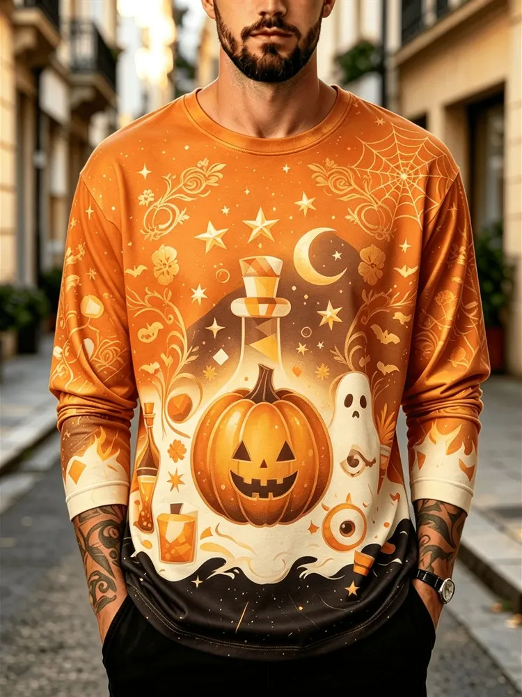 Men's Halloween Pumpkin Ghost Long Sleeve T-Shirt Potion Bottle Moon Star Graphic Tee Orange Streetwear Pullover Tops Gift