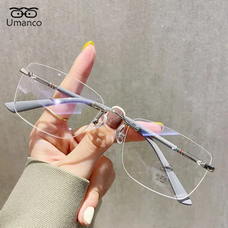 Umanco Rectangle Rimless Myopia Glasses for Women Men Classic Trendy Sqaure Anti Blue Light Finished Prescription Glasses 0 -1.0