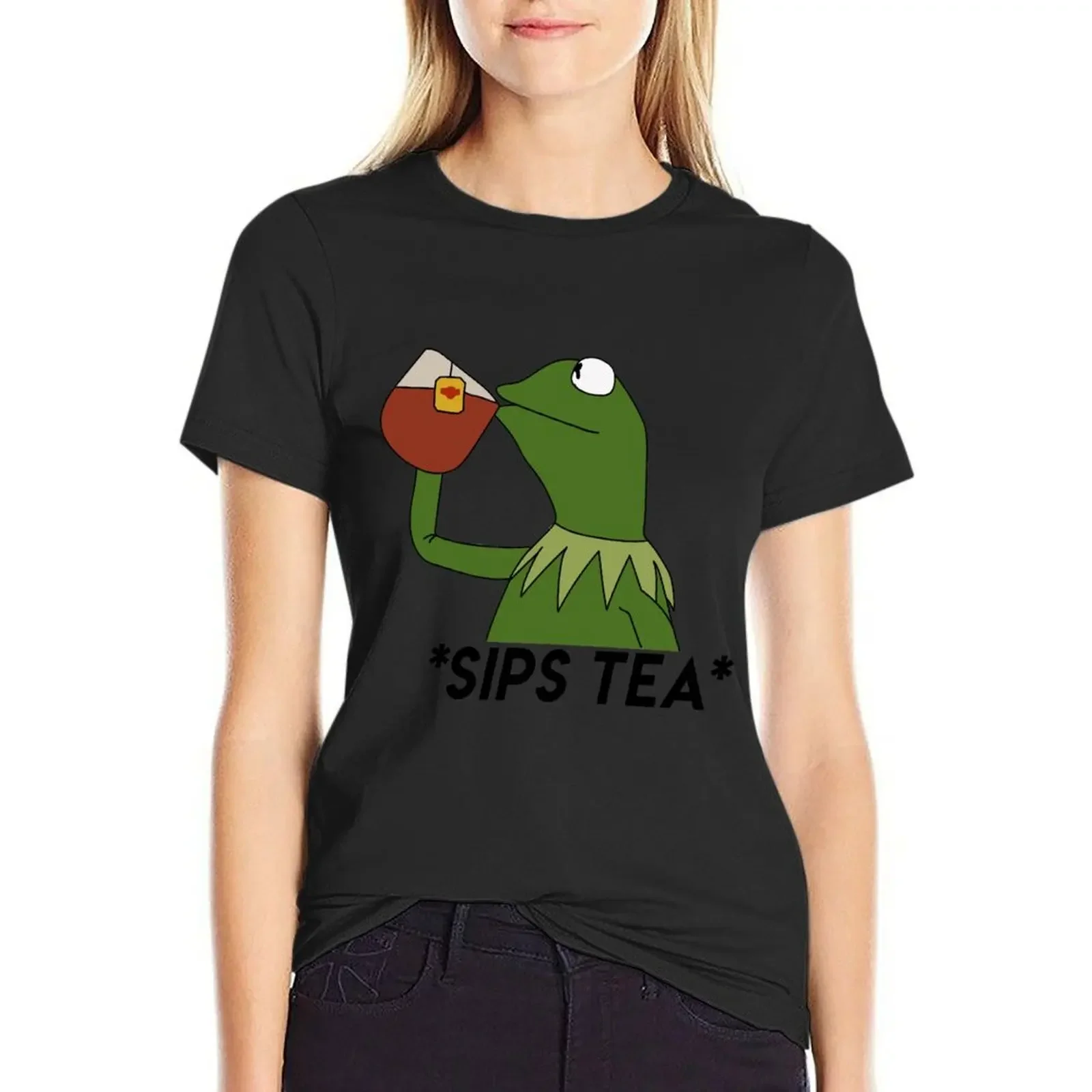 

sips tea T-Shirt new edition summer tops anime Woman clothing