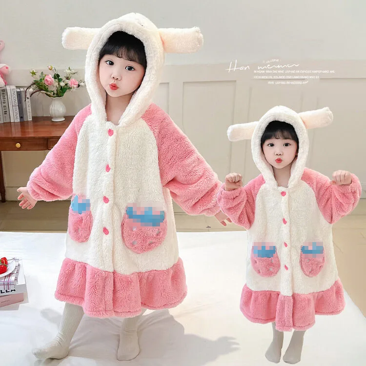 Autumn Winter 1-8Y Girls Flannel Pajamas Cartoon Hat Ear Spliced Kids Girls Robe Strawberry Pocket Warm Toddler Girls Loungewear