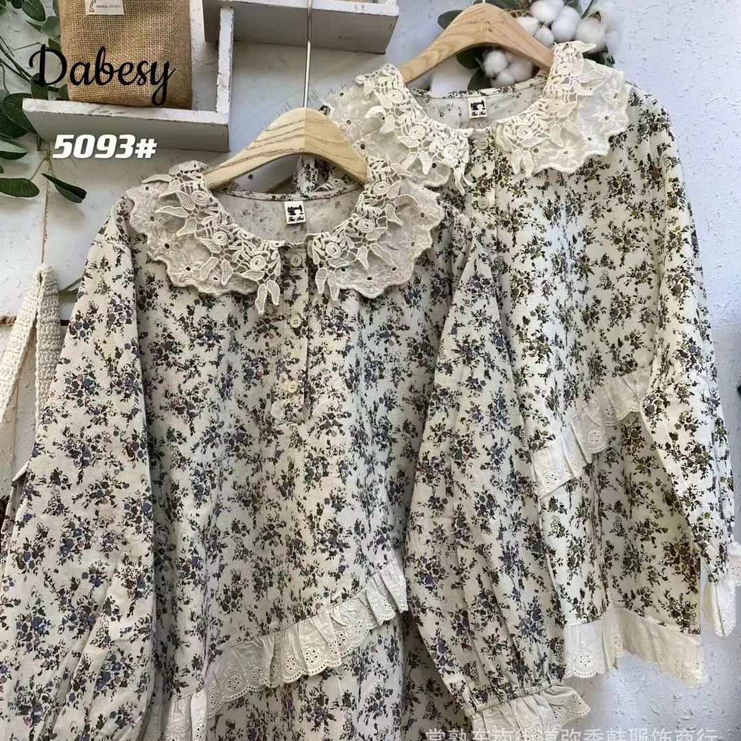 Vintage Flower Mori kei clothing Women Autumn Sweet Ruffled Peter Pan Collar Long Sleeve Tops Casual cotton shirts and blouses