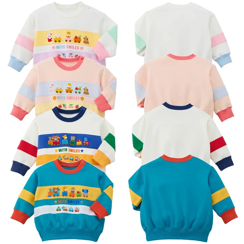 New Color-Block Kids Sweatshirts for Boys & Girls Cartoon Bear Rabbit Train Embroidery Pure Cotton High-Quality Comfortable Tops
