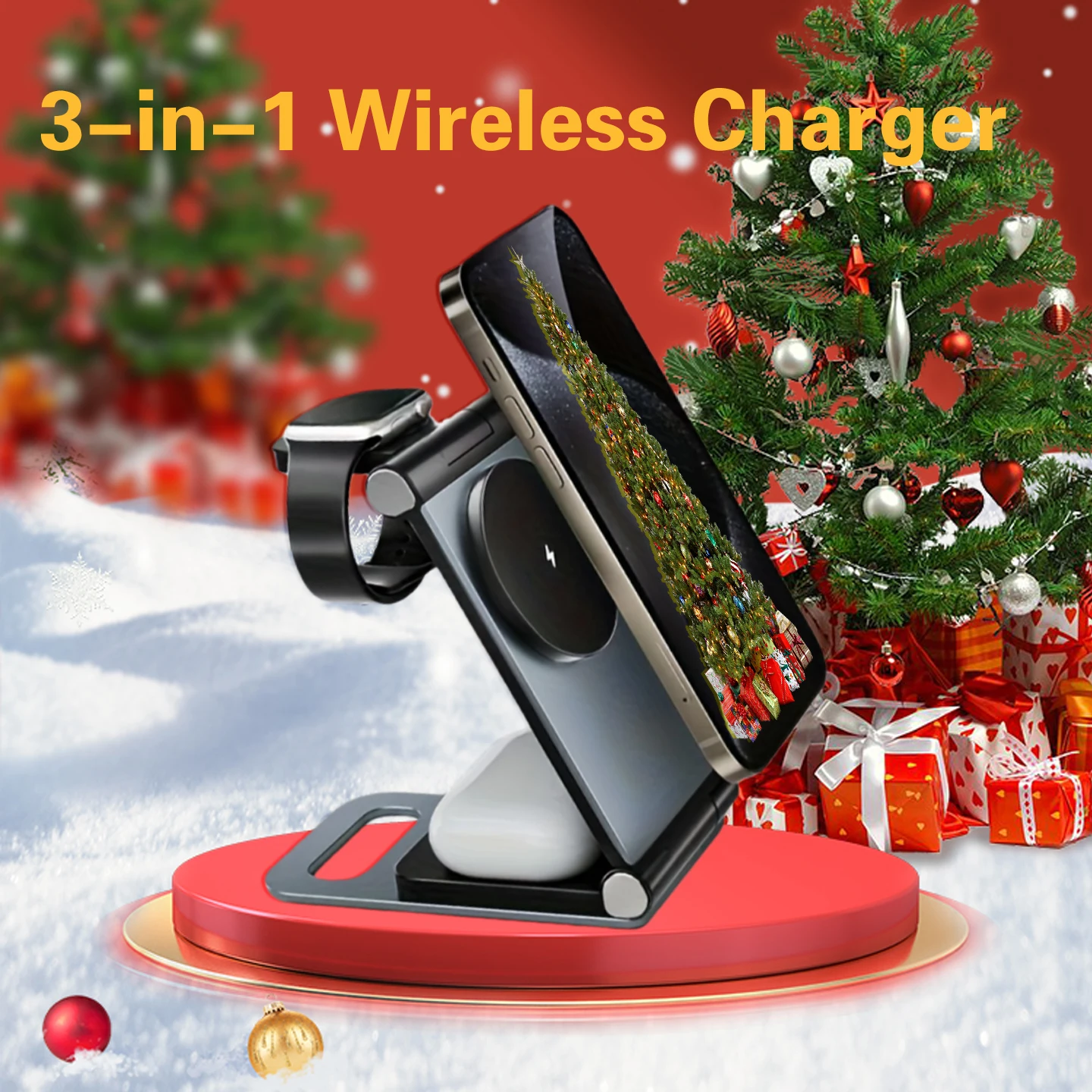 حامل سطح المكتب للشحن اللاسلكي 3 في 1 من سبائك الألومنيوم قابل للطي لهواتف Apple المغناطيسية وسماعات الأذن والساعات #1