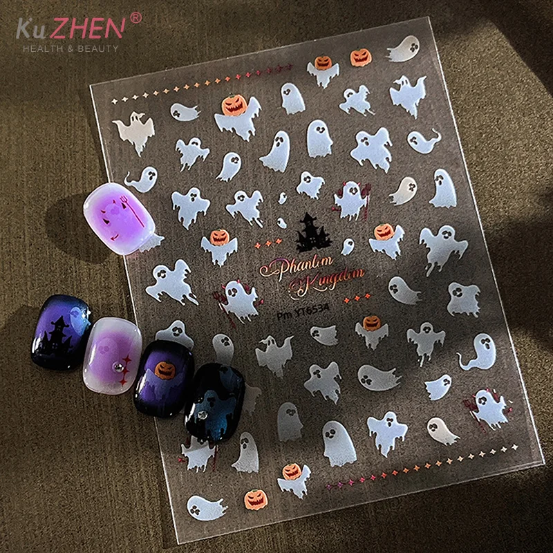 1 hoja de pegatinas de uñas de fantasma aleteo blanco de Halloween para manicura DIY dijes calabaza autoadhesivo mujeres hogar DIY calcomanías de uñas