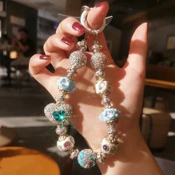 Mobile Phone Lanyard Wrist Strap with Luxurious Rhinestone Love Ball Chain Universal Pendant Camera Jewelry Anti Drop Pendant