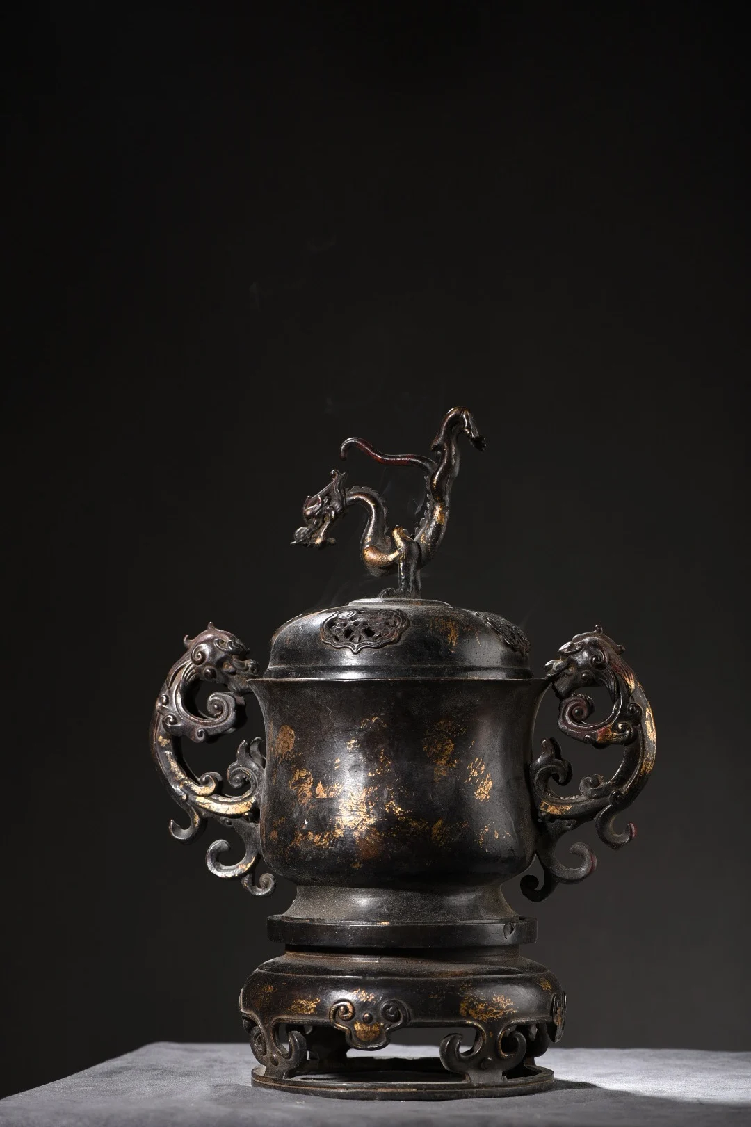 

11"Tibet Folk Old Bronze Cinnabar Mud gold Dragon Unicorn Ear incense burner Amass wealth Ornaments Town house