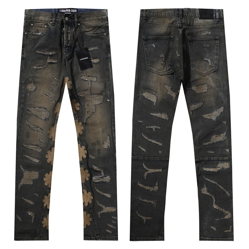 

LOST SHDWS JEANS New American Retro Do Old Wash Hole Loose Straight Denim Pants Embroidered Flower Logo Men's Streetwear