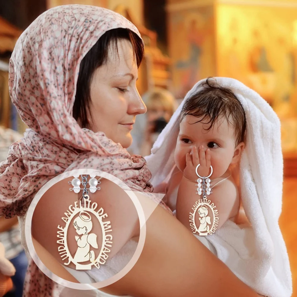 Souvenir per il battesimo Bomboniera per la prima comunione per ragazzi o ragazze Portachiavi Portachiavi in legno Bomboniera per battesimo con borsa in organza