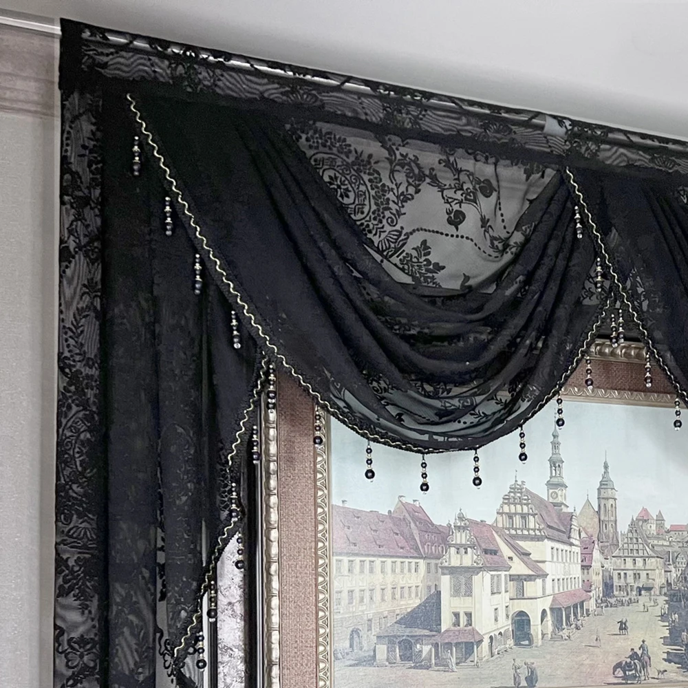 Black Lace Sheer Flower Valance Curtain Luxury Beaded Wavy Waterfall Scallop Curtain for Living Room Rod Pocket Top Window Drape