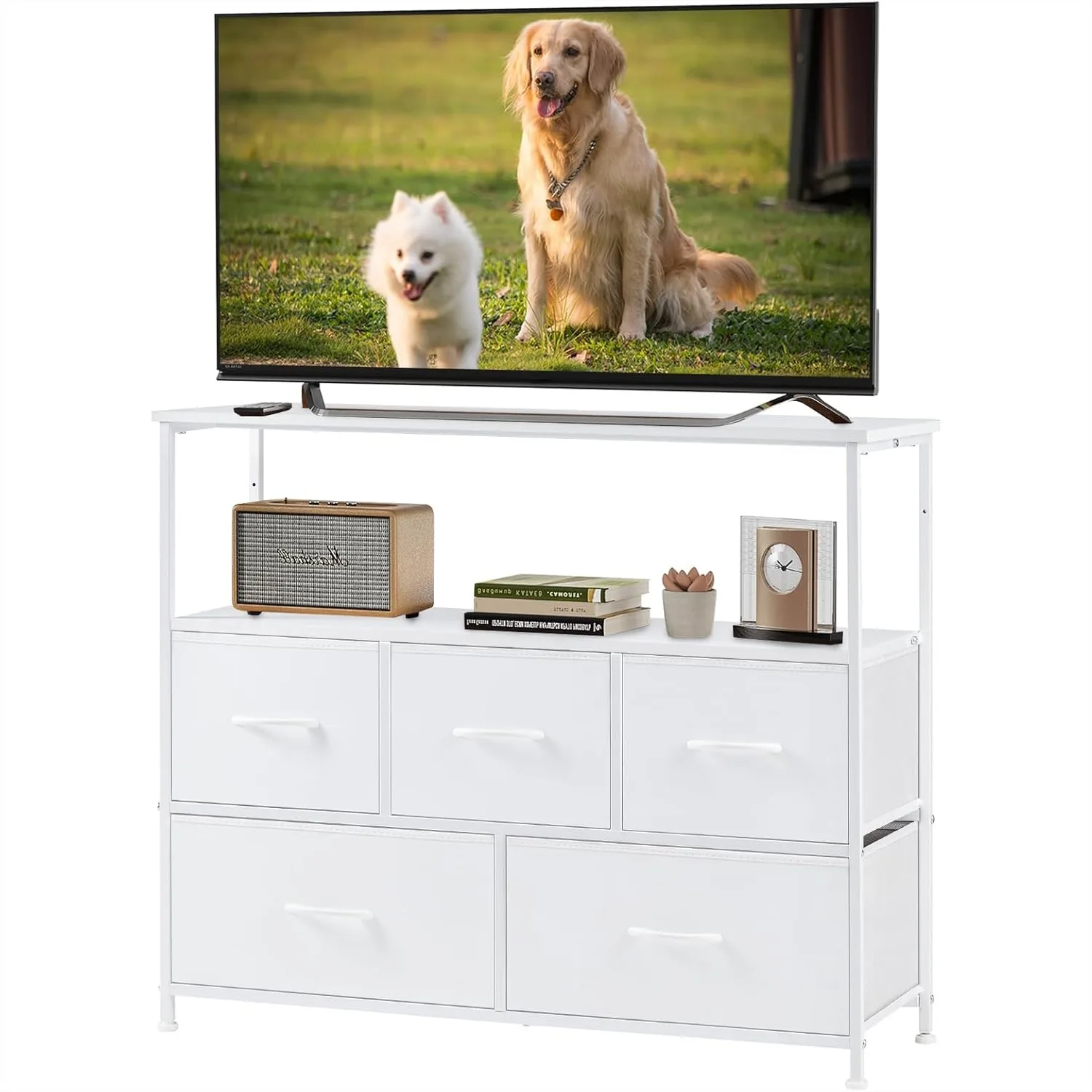 

TV Stand with 5 Fabric Drawers, Media Console for Bedroom Living Room Dorm, Compact Entertainment Unit, Easy Assembly