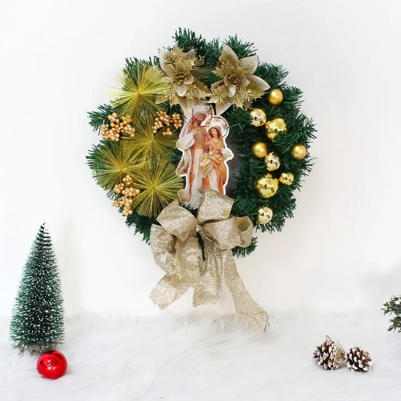 Christmas Wreath With Lamp Bow Ball Big Red Flower Navidad Party Wall Door Window Fireplace Staircase Balcony Garden Wreath 2024