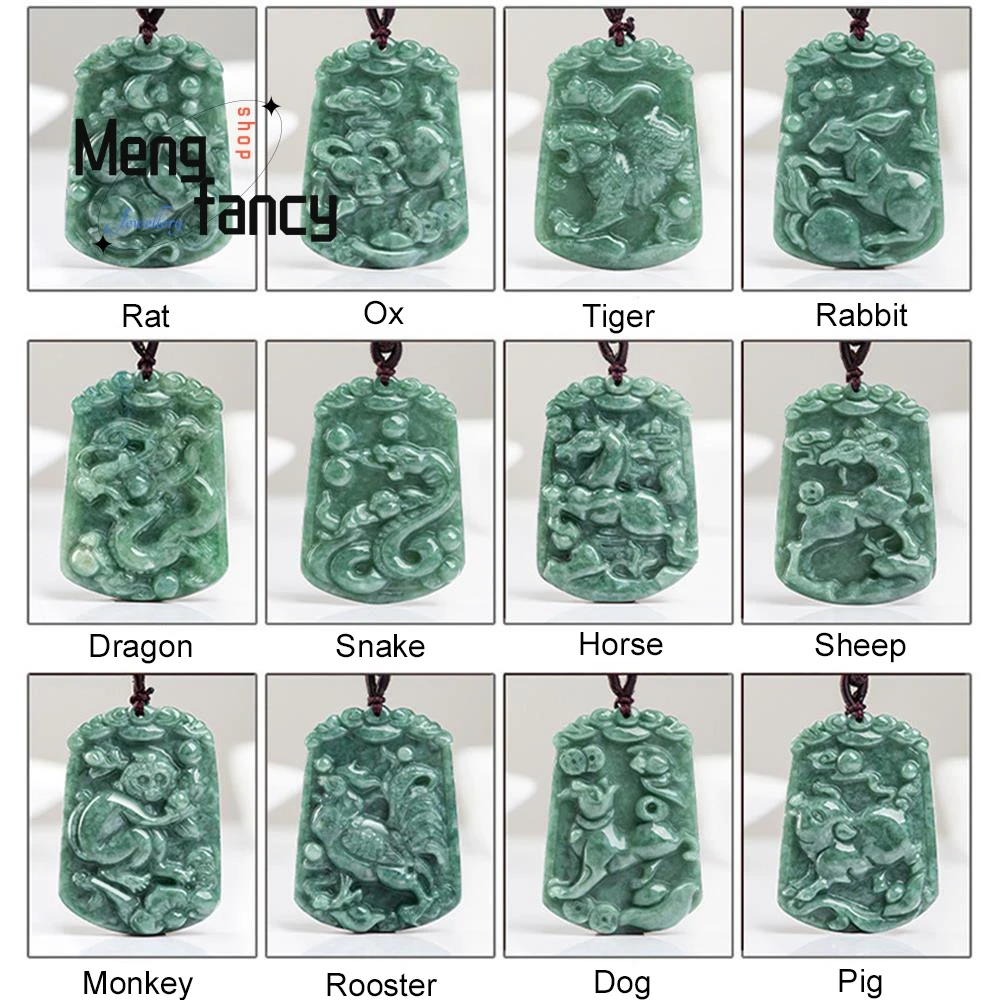 

Natural Jadeite Zodiac Pendant Charms Fashion Engraver Fine Jewelry Amulet Mascots Men Women Luxury Couple Souvenir Holiday Gift