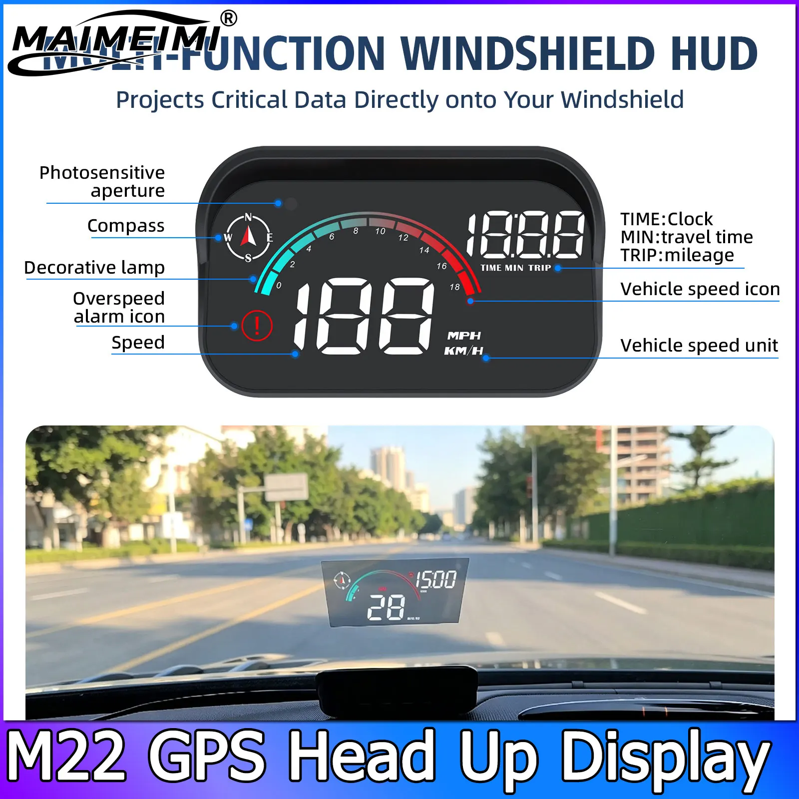 M22 Car HUD Head Up Display Speedometer LCD Projection On Glass Windshield Projector For All Cars Universal Clock Compass Time
