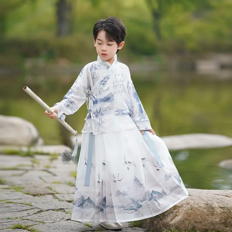 

Boys Hanfu Costume - Song Dynasty Style Li Bai Outfit, Horse Face Skirt for Mid-Autumn Festival Performance Wear for Kids