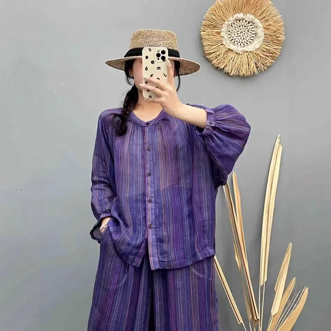 

Spring and summer 2025 new literary stripes versatile loose casual shirt simple fashion retro cardigan