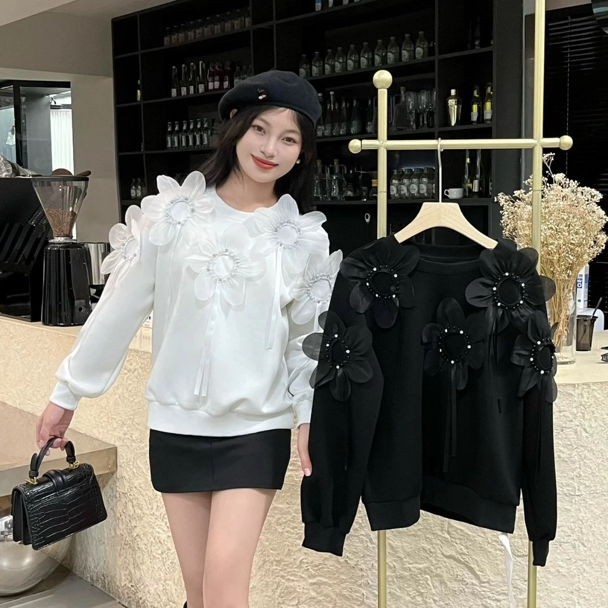 Korejpaa Diamond Studded Flower Hoodie Women 2024 Autumn Long Sleeved Top Sweet Round Neck Korean Fashion Pull Sweatshirts