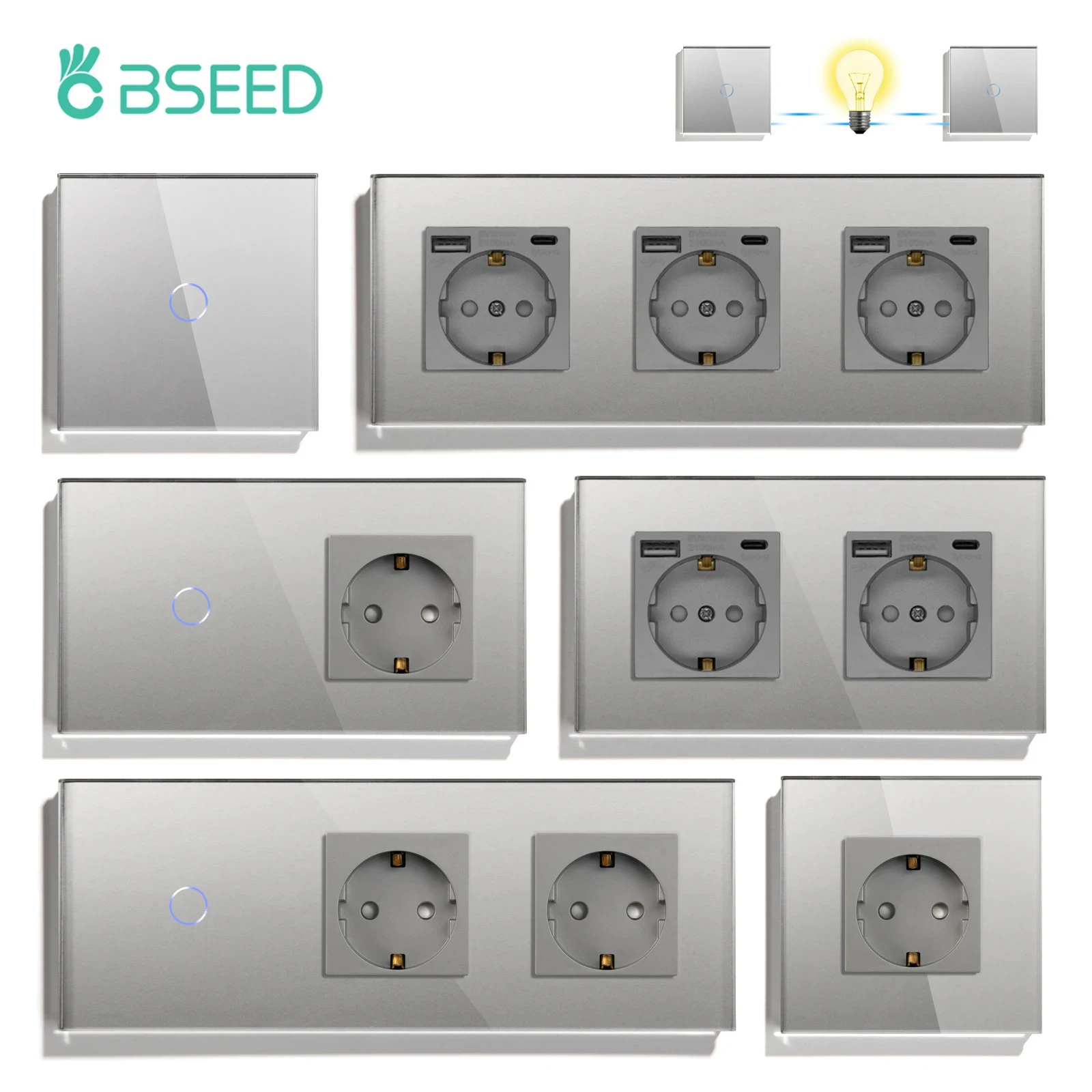 

BSEED Touch Switch 2Way EU Standard Wall Socket Crystal Glass Panel Wall Light Switches Sensor Switches Two Places Power Sockets