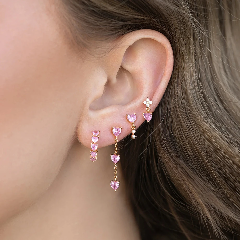 4Pcs Pink Heart Dangle Earrings Set for Women, Gold Plated Cubic Zirconia Chain Drop Studs Flower, Dainty Romantic Jewelry