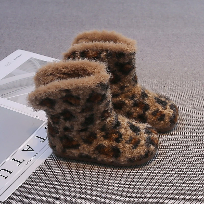 Leopard Pattern Kids Fashion Boots Faux Fur Turned Over Edge Boys Girls Ankle Shoes Plush Warm Soft Sole Children Boots