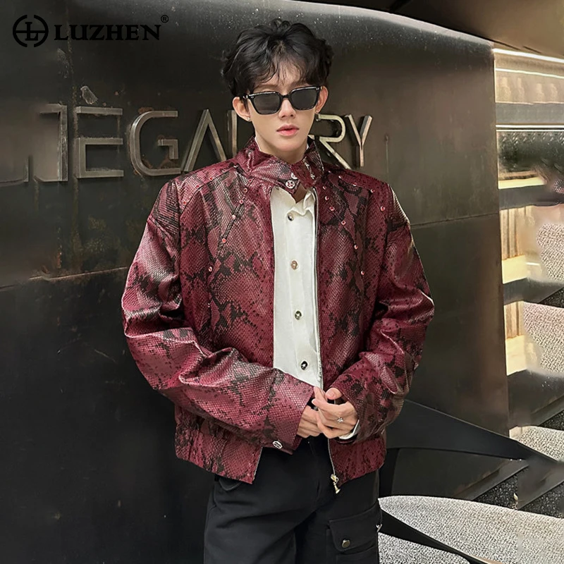 LUZHEN 2025 New Snakeskin Pattern Stand Neck High Quality Leather Jacket Men Trendy Elegant Handsome Temperament Clothes JY5111