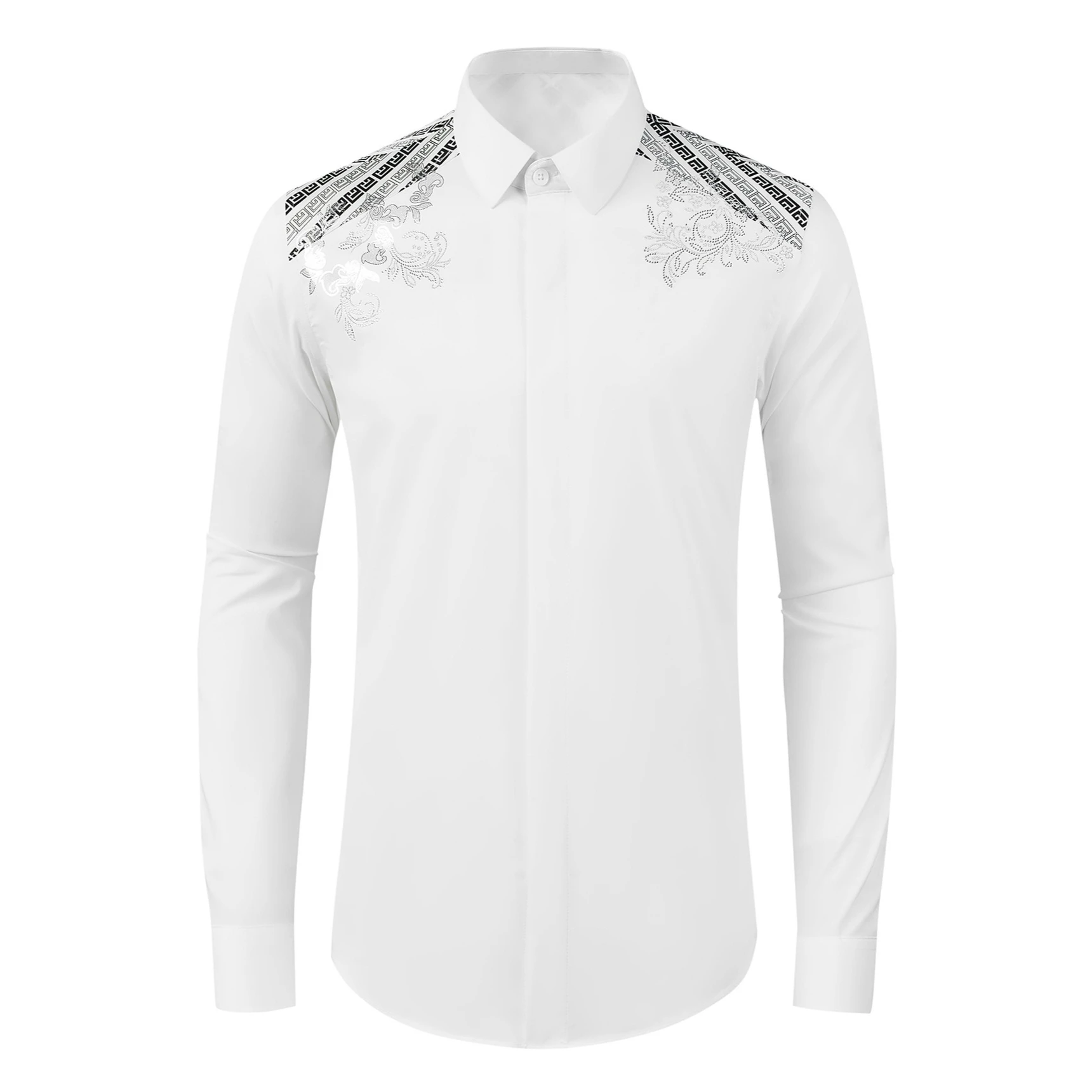 Luxury Shoulder Sequin Decorated Shirt Men Long Sleeve Slim Casual Shirts Retro Social Banquet Party Stage Performance Costumes