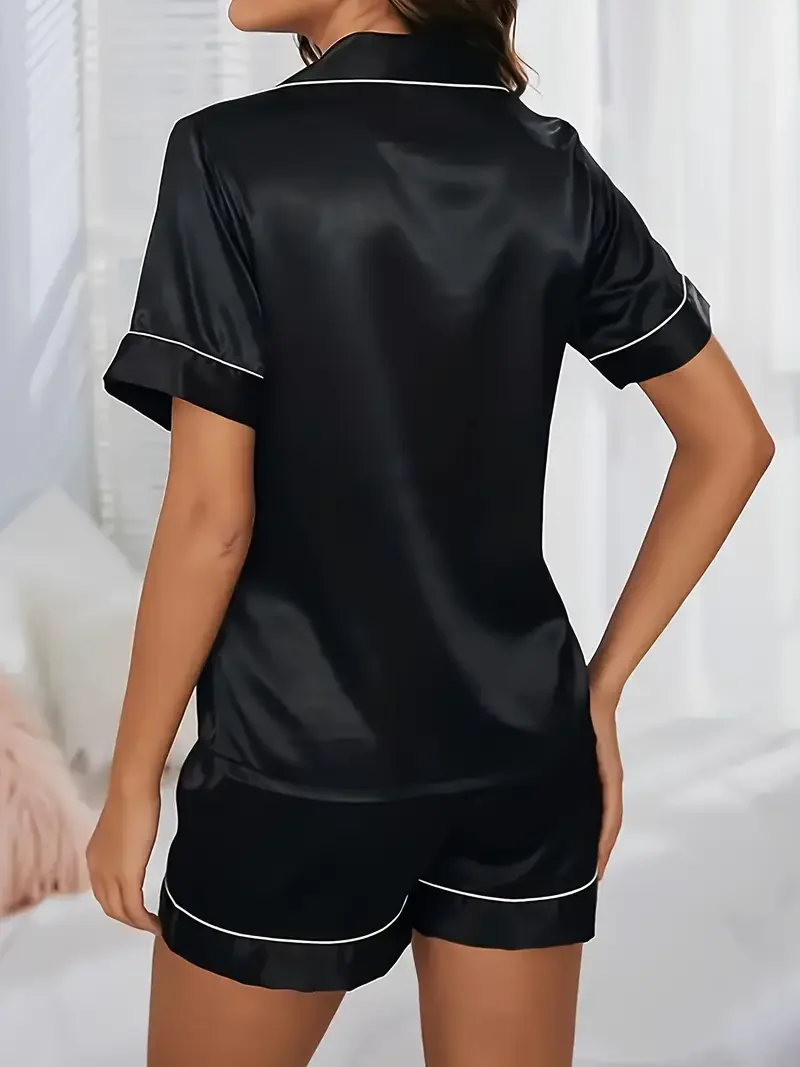 Summer Luxurious Satin Pajama for Women Sleepwear Short Sleeve Tops with Button-Up Lapel Collar & Shorts Pyjama Femme Lounge Set