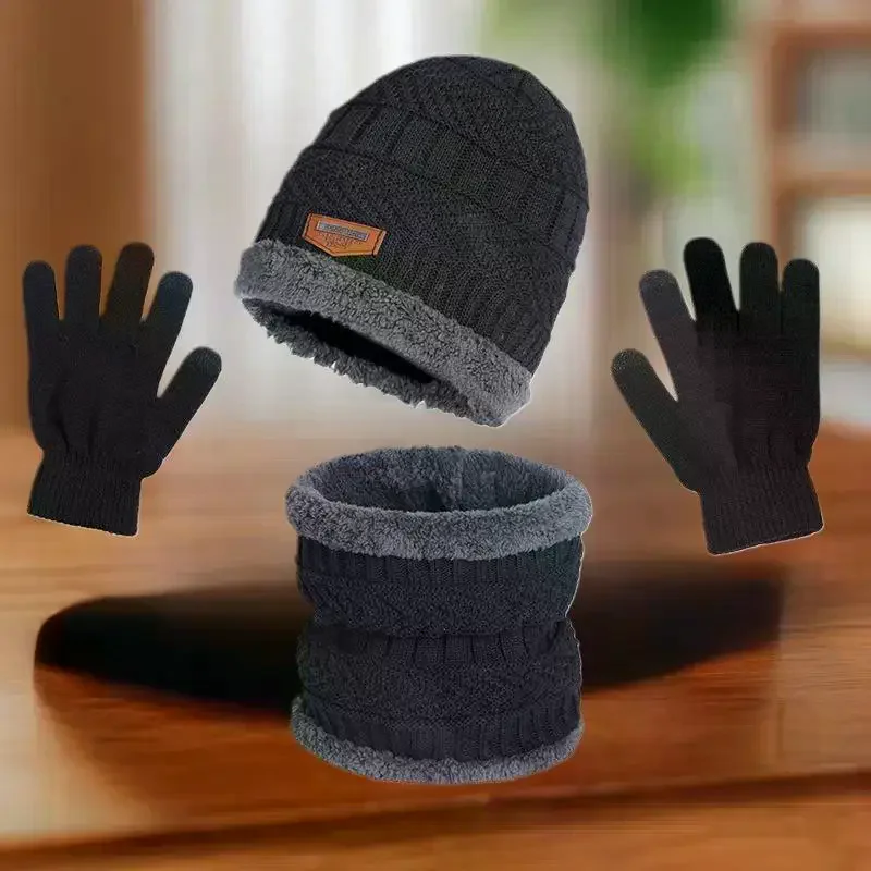 طقم قبعات شتوية للرجال مكون من 3 قطع، قفازات وشاح لتدفئة الرقبة، الكل في واحد، قبعة محبوكة مبطنة بالصوف