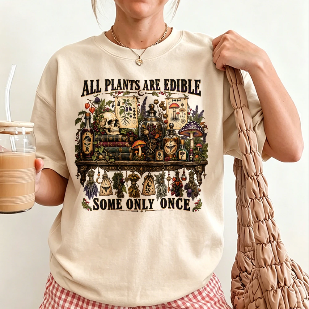 All Plants Are Edible Some Only Once Graphic T-shirt Witchy Apothecary Skull Mushroom Herb Bottle Print Short Sleeve Casual Tees