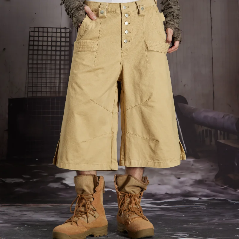MWJLPWQ Multi Button Cargo Short Double Belt Loops Textured Stitch Side Slit Wide Loose Cut Unisex Vintage Workwear Trouser17134
