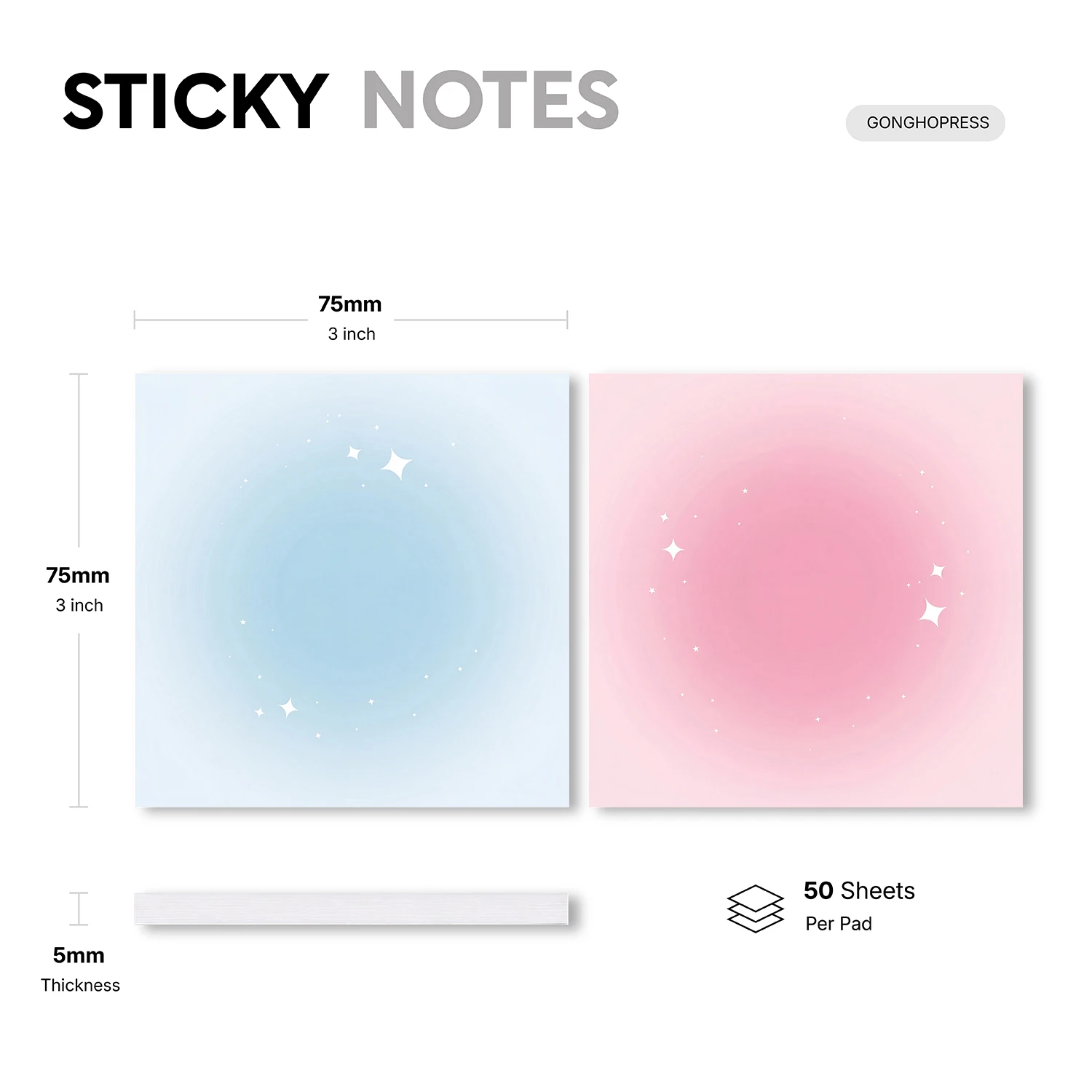 2pcs Pastel Gradient Sticky Notes Set, Starry Aesthetic Self Stick Memo Pads, 100 Sheets Total, Cute Dreamy Notepads, Removable