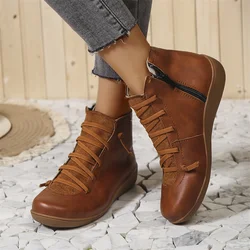 Damskie jesienne botki skórzane botki sznurowane z okrągłym noskiem damskie krótka skórzana buty Retro wysokie trampki casualowe botas mujer