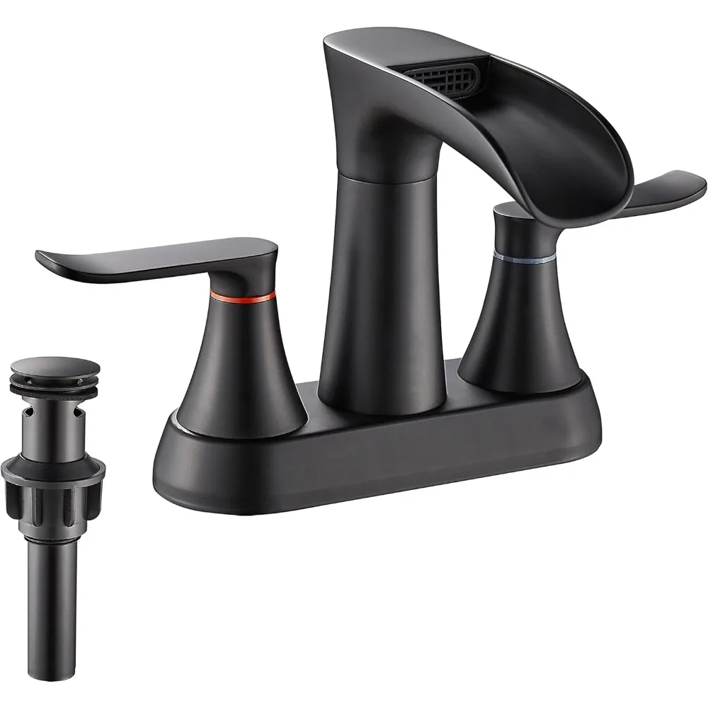 

4-Inch Centerset Bathroom Faucet, 2-Handle 3-Hole, Waterfall 360° Swivel Spout, Matte Black, Pop-Up Drain Included