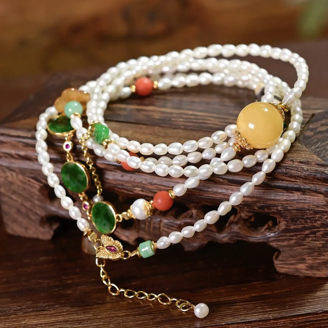 S925 Silver Chinese Multi-use Jewelry, Rice Pearl Mixed Jade Amber Dzi Bead Multi-loop Bracelet & Long Necklace