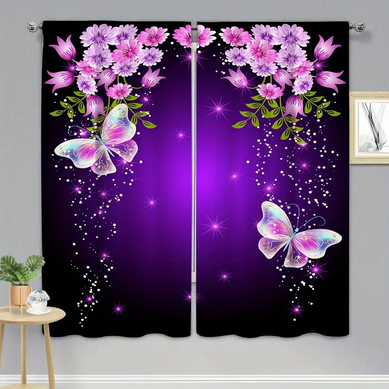 2pcs Fashionable Romantic Butterflies Pattern Curtain, Curtain Rod Pocket Window Curtains For Living Room Bedroom Room Decor