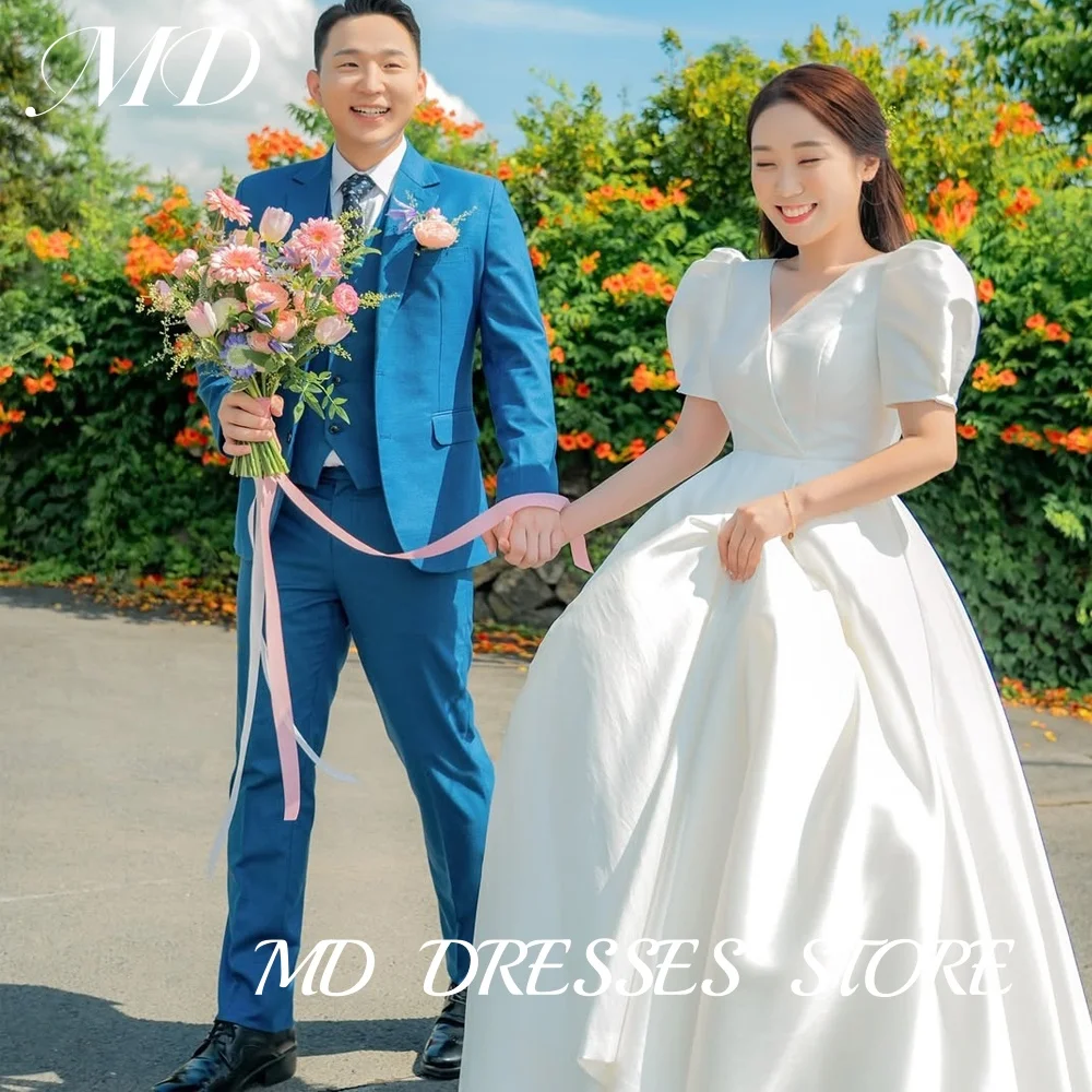 

MD Princess Lvory Puff Sleeves Wedding Dress Pleat V-Neck Satin Korea Photoshoot Floor-Length Bridal Gown Corset Customized 2025