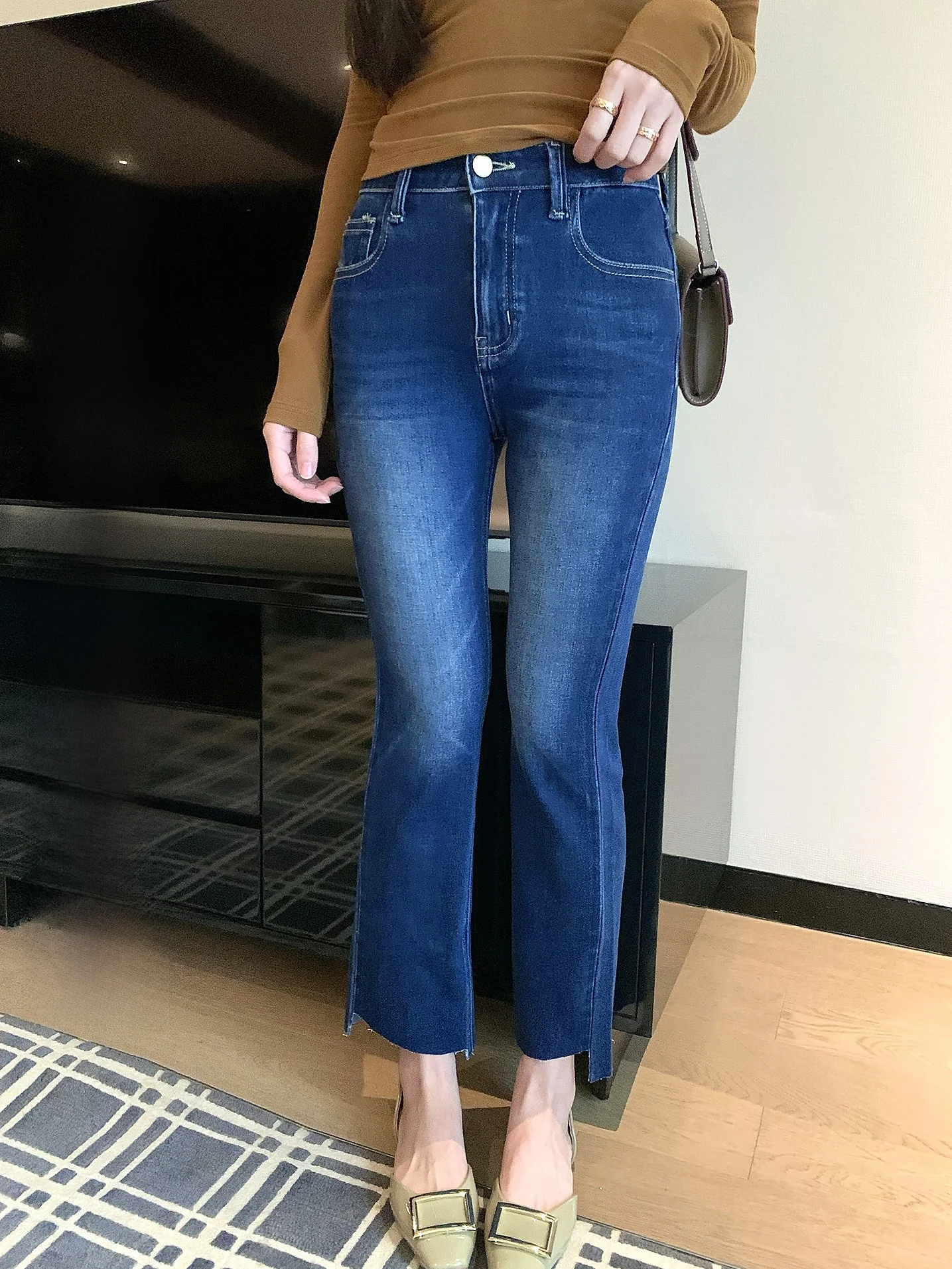 

Deep Blue Faded High Waist Skinny Jeans Women's Spring Casual Versatile Slimming Nine-Piece Pants Yuyuel Vintage Style