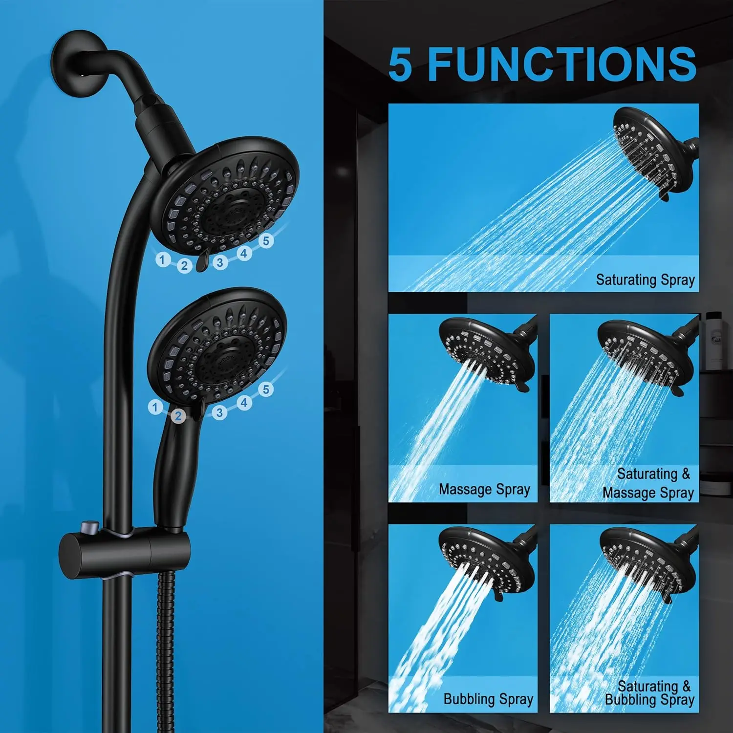 Showerhead & Rain Shower Combo , 27.5 Drill-free Stainless Steel Slide Bar, 5of 5-setting Handheld Shower  with 5ft Hose