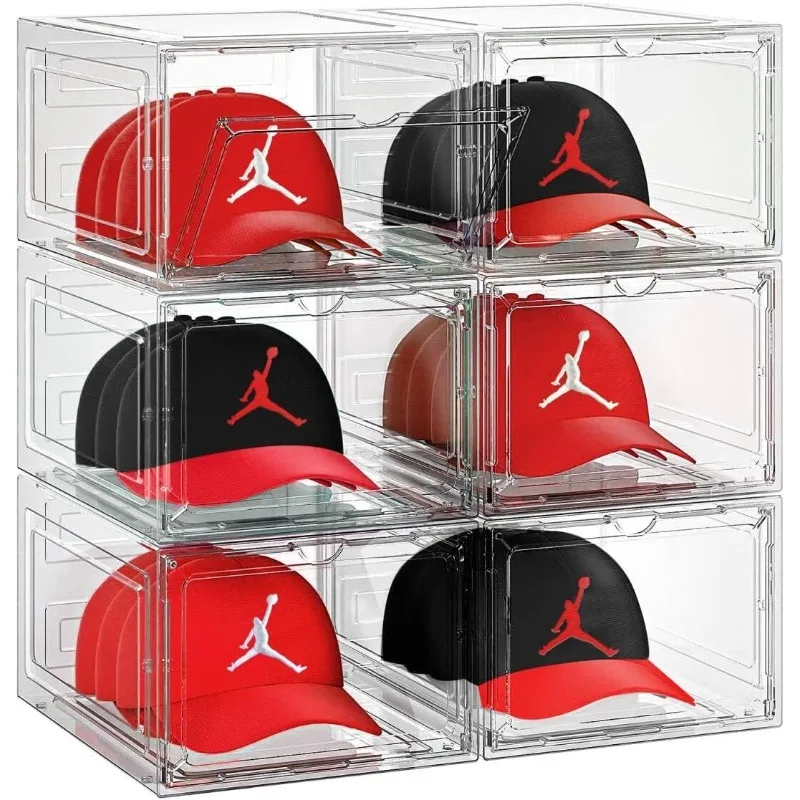 6 Pack Hat Organizer Box, Stackable Clear Baseball  Holder Box Containers with Magnetic Door for Hats Snapback  Storag