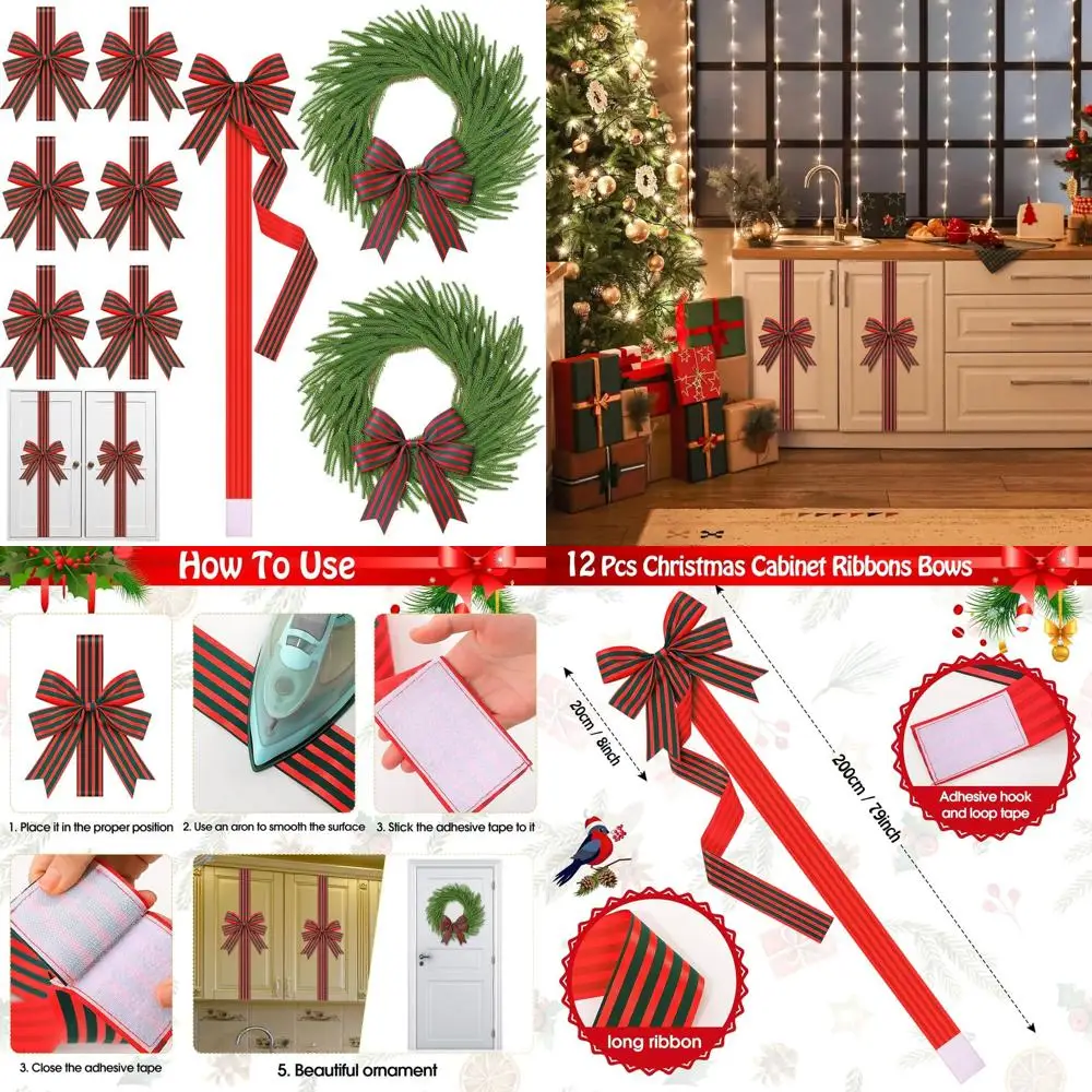 

12-Piece Red & Green Christmas Door & Kitchen Cabinet Bows and Wreaths Set - Mini Decor for Holiday Season