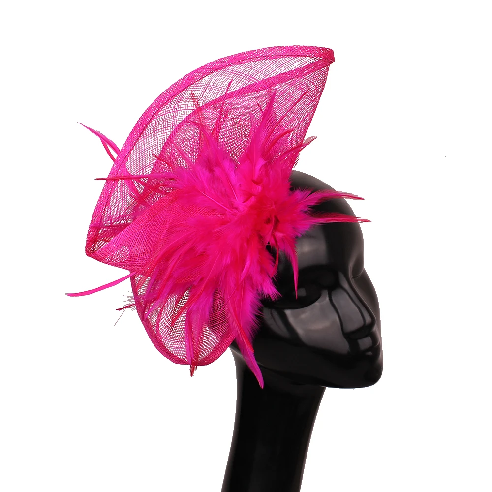 

New Blue Lady Fascinator Hats Summer Wedding Big Millinery Vintage Elegant Ladies Fedora Church Bridal Headdress With Feather