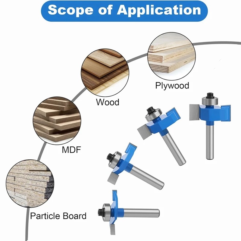 4Pcs Router Bits 1/4 Shank With 6 Bearings Set Rabbeting Router Bit For Wood Grooving With 1/2In To 1/4In Router Collet
