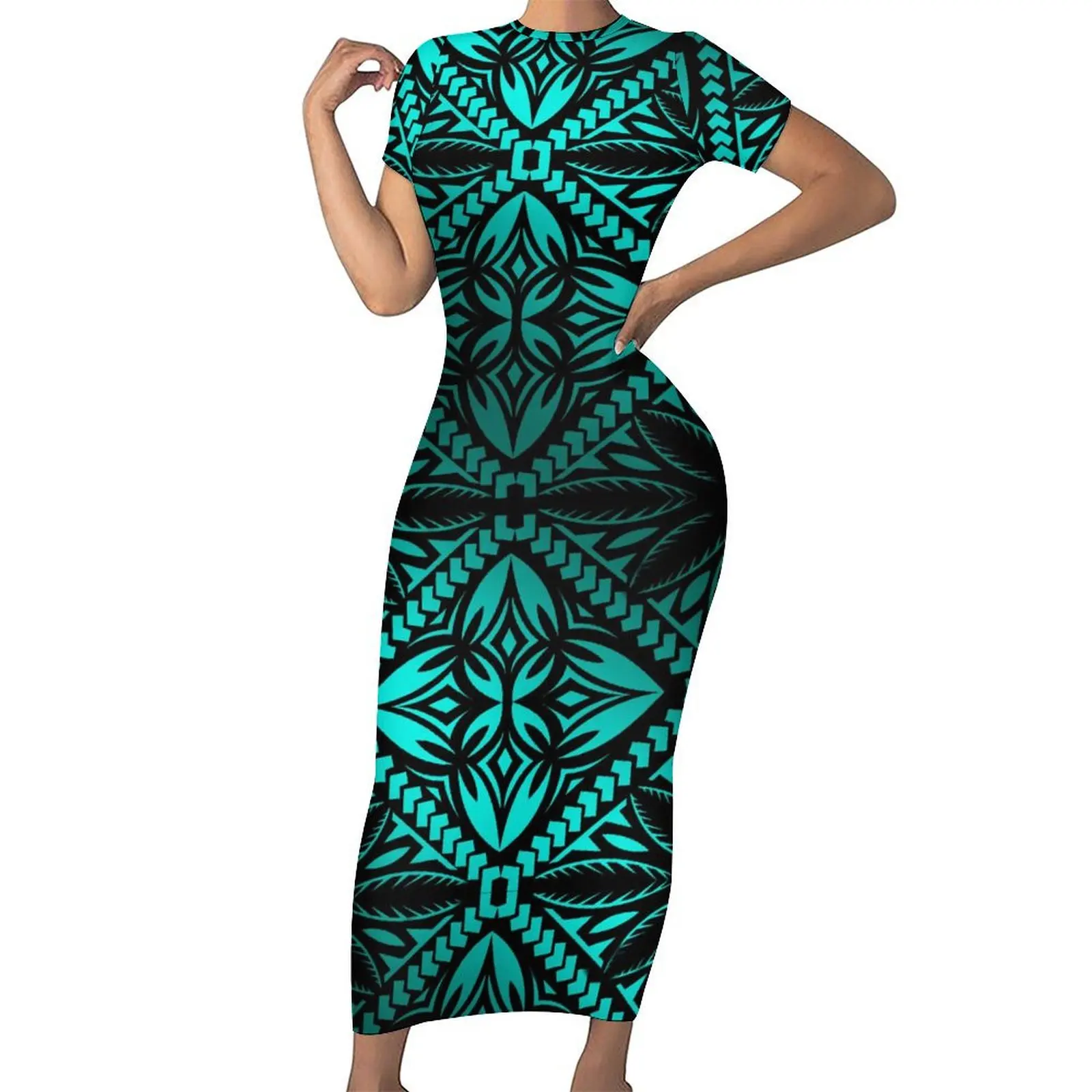 2025 New Arrival Summer Short Sleeve Casual Long Dress Customized Samoan Print Design Women Round Neck Dress